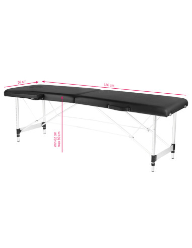 Folding massage table, aluminum, comfort, 2 black segments