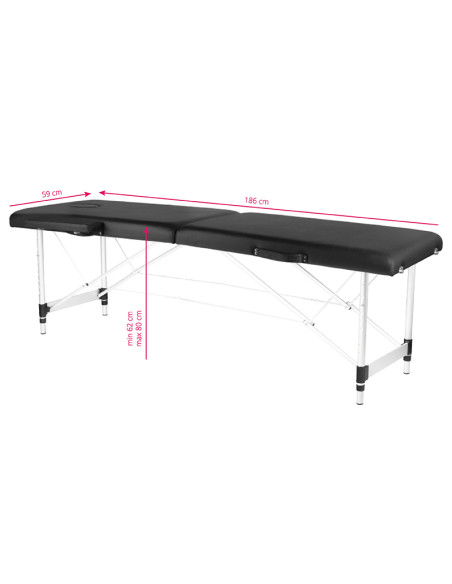 Folding massage table, aluminum, comfort, 2 black segments