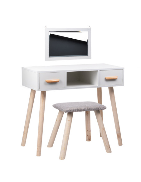 ALVA white dressing table mirror 2 drawers + stool