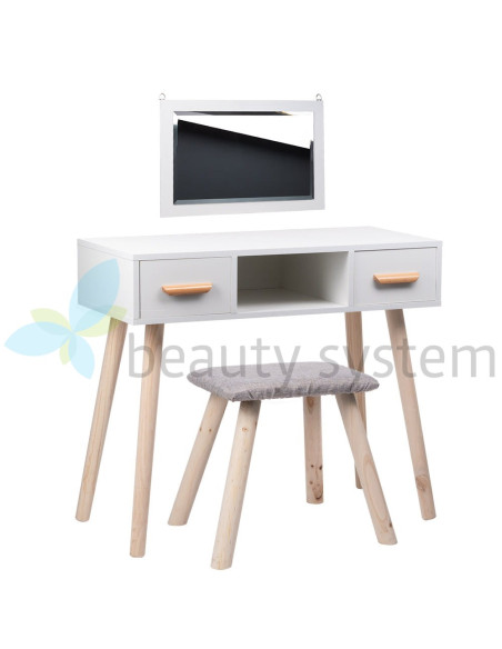 ALVA white dressing table mirror 2 drawers + stool